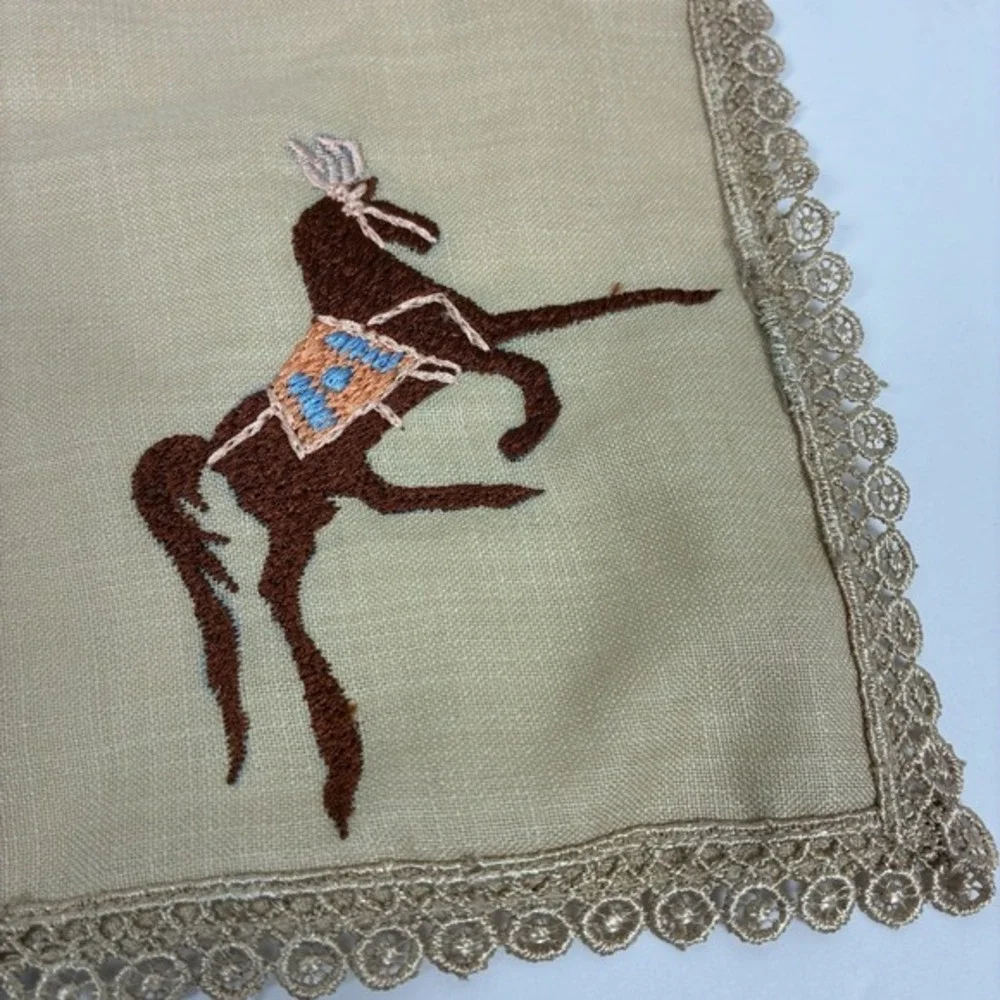 VTG Cocktail Napkins 4‎ Pc Hand Embroidered Horse Western Derby NEW Rare
